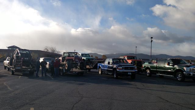 The non-Jeeps trailered - Rob Currier, Mike Kelly, Tom Mandera, Don Gordon (L-R) with a Chevota, Bronco, Scout, and Bronco