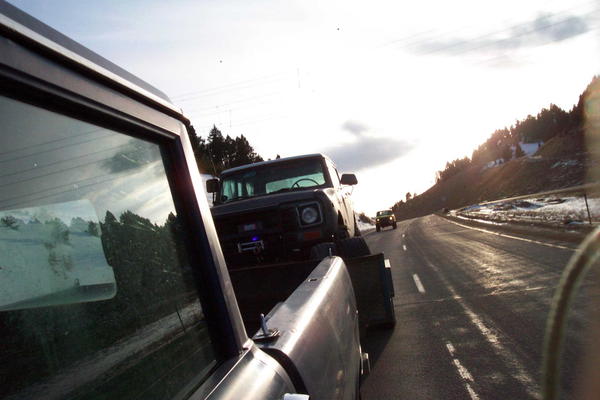 Tom makes an attempt at a picture of Todd following while he tows Tigger home on the trailer..