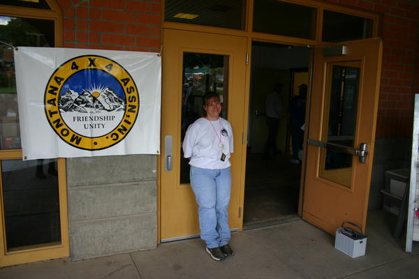 Frontier member and M4x4A Treasurer Michelle Mandera guards the entrance and checking ID (meal tickets)