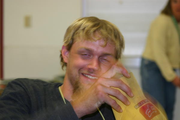 Frontier's Chris Lamping tries to hide from the camera and the result is he just looks like he's had way too much to drink.