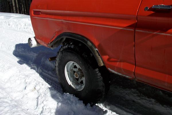 Damage to Don Gordon's "Orange" after trying to drive over Mike Kelly's little Bronco