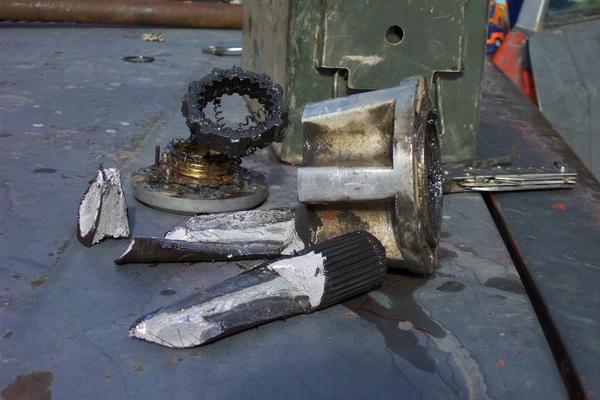 Tom's pile of broken chunks.  So far the 36" TSLs have claimed a few teeth off the rear R&P, one rear axle shaft, and n