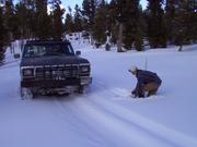 Tyler Gordon breaking trail around the campground area